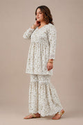 Women's White Floral Printed Chiffon Co-Ord Set with Sharara - The House of Indu