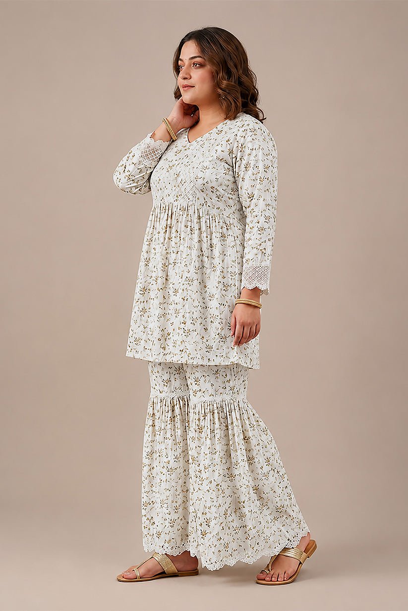 Women's White Floral Printed Chiffon Co-Ord Set with Sharara - The House of Indu