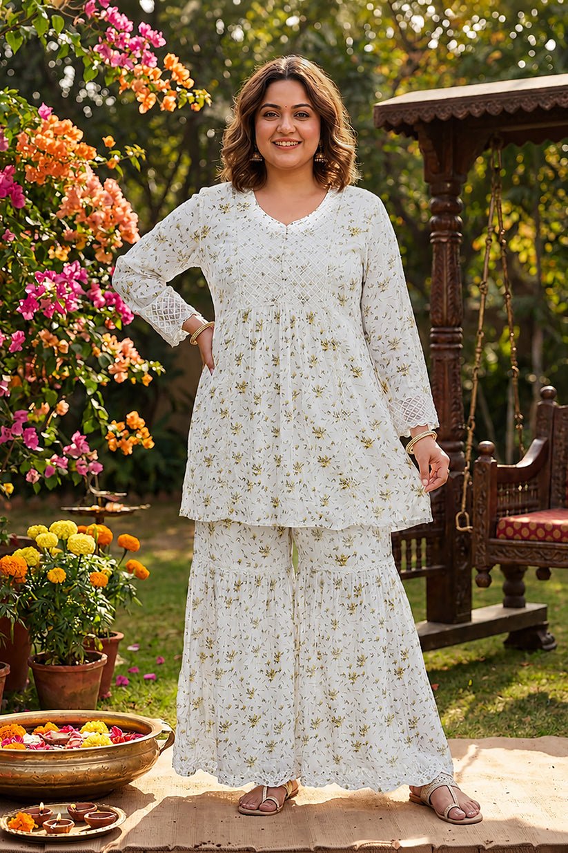 Women's White Floral Printed Chiffon Co-Ord Set with Sharara - The House of Indu
