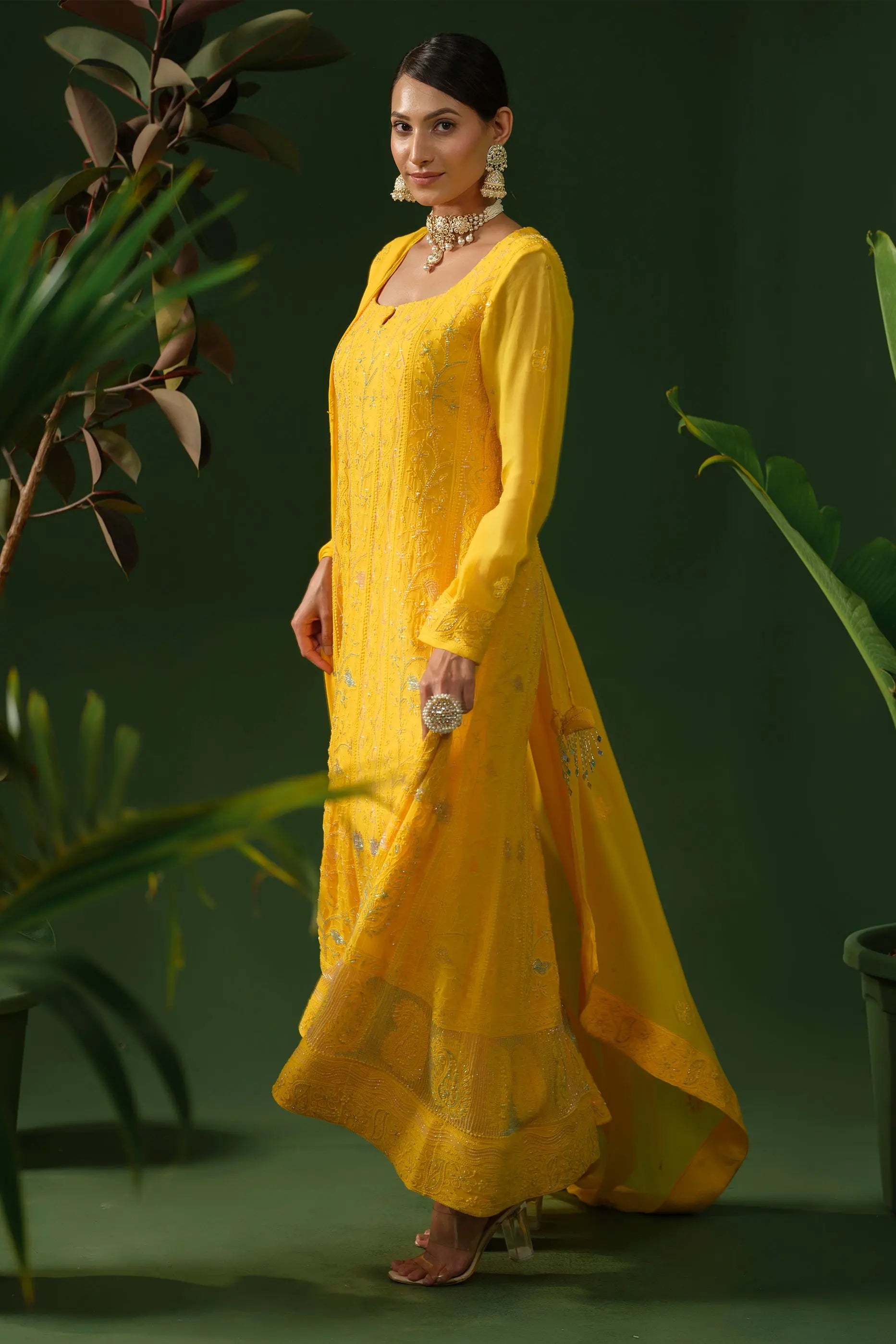 Side view of yellow georgette Anarkali suit for women
