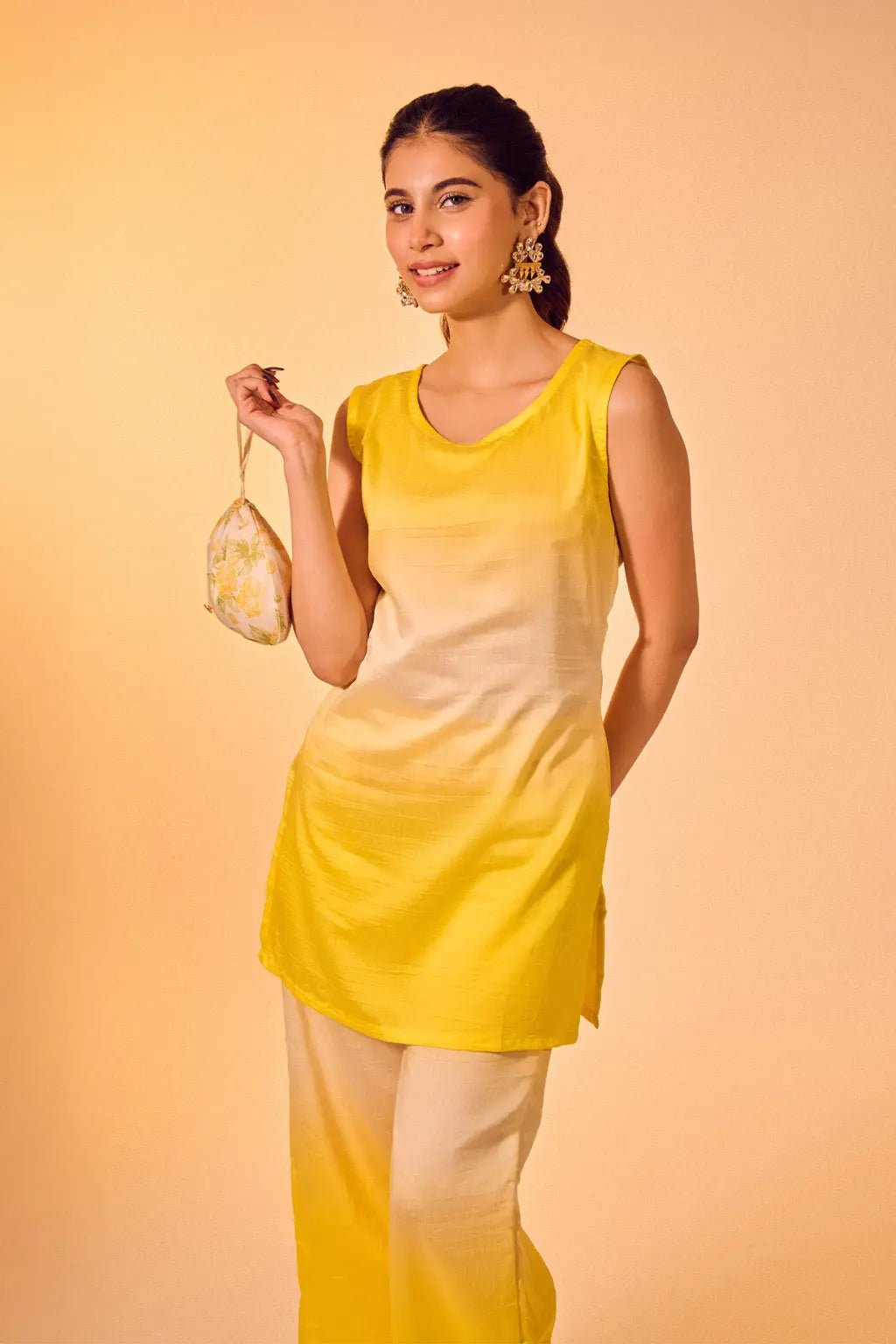 Yellow Chanderi Co-Ord Set for Women with Sleeveless Kurta & Straight Pants - The House of Indu