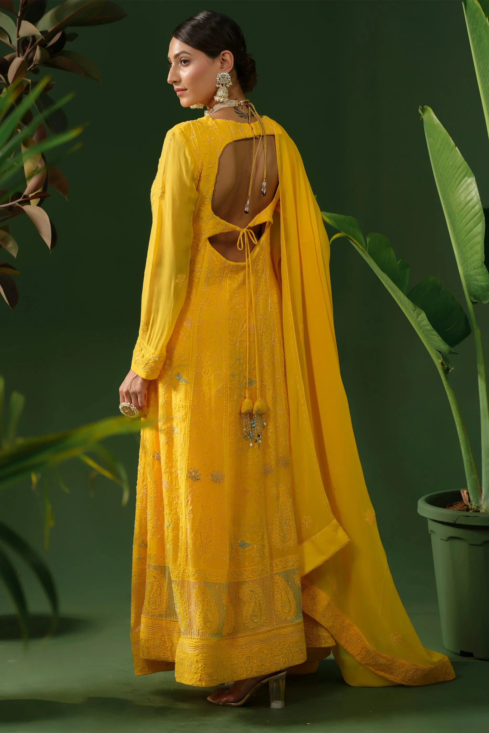 Back view of yellow chikankari Anarkali with dupatta