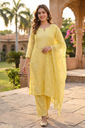 Yellow Chikankari Organza Kurta with Dupatta Set for Women - The House of Indu