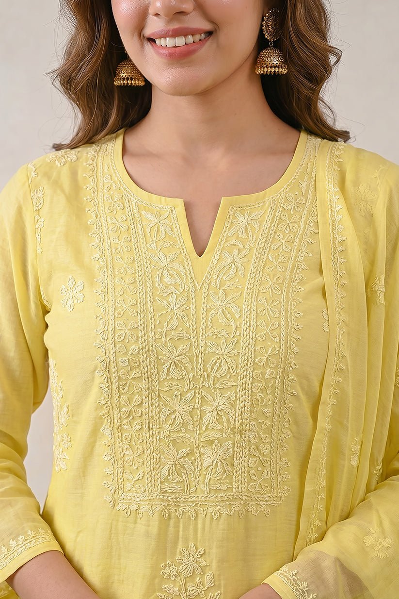 Yellow Chikankari Organza Kurta with Dupatta Set for Women - The House of Indu