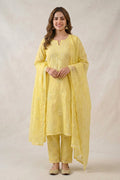 Yellow Chikankari Organza Kurta with Dupatta Set for Women - The House of Indu