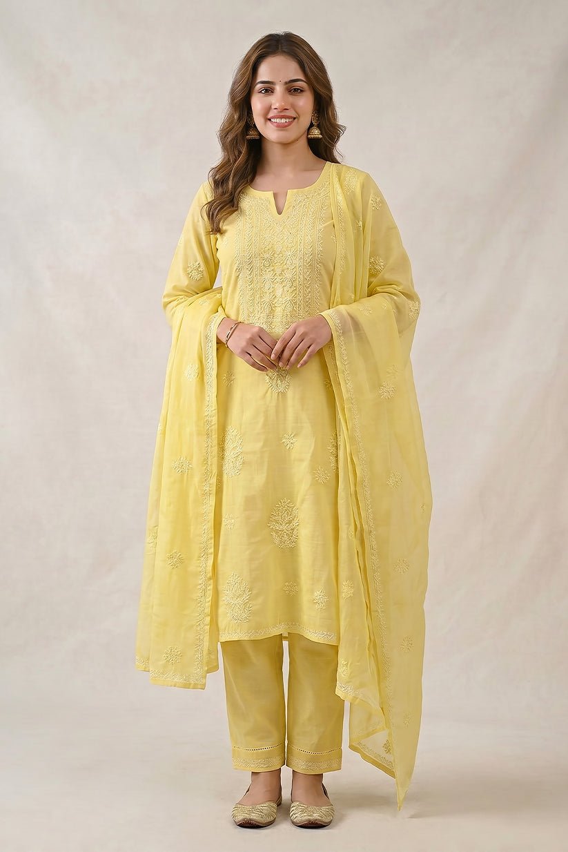 Yellow Chikankari Organza Kurta with Dupatta Set for Women - The House of Indu