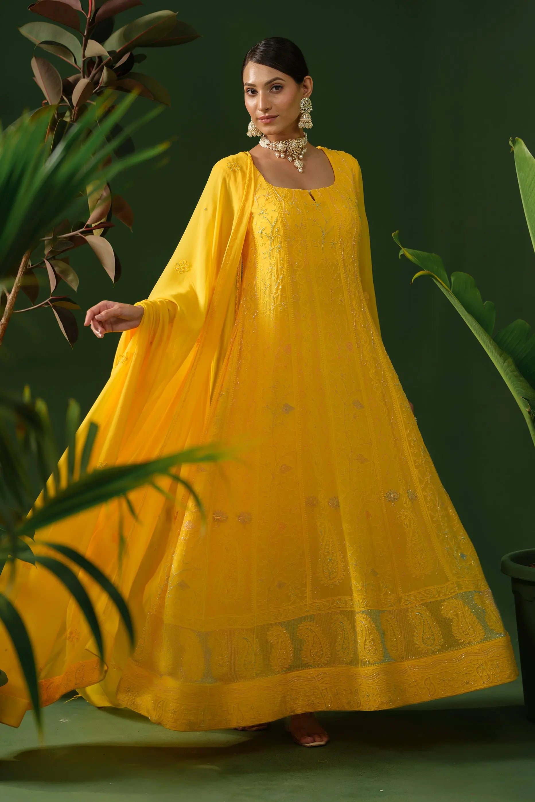 Yellow georgette chikankari Anarkali with dupatta front view
