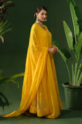 Yellow Georgette Chikankari Anarkali with Dupatta - The House of Indu